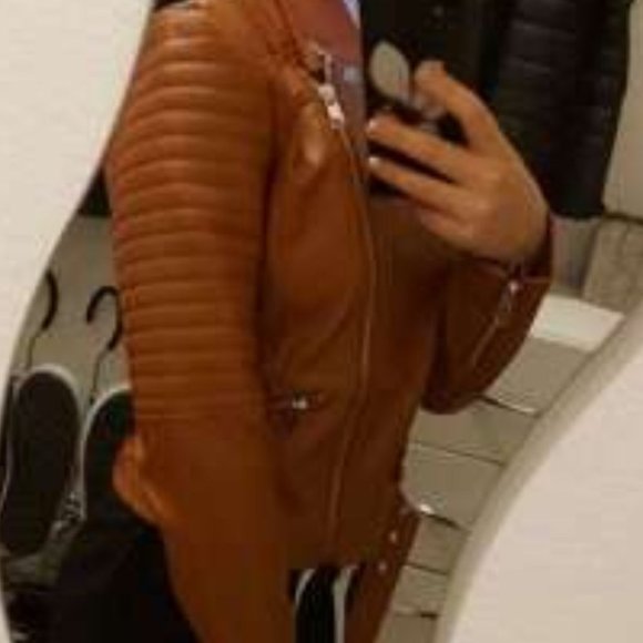 Faux eather zipper biker motorcycle jacket camel - Picture 6 of 9